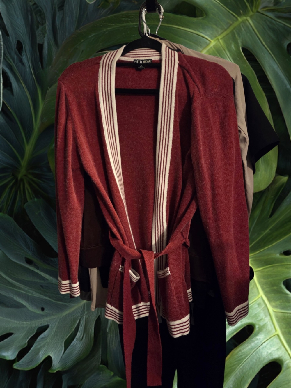 PRETTY Vacant Burgundy Knit Sweater Wrap Cardigan with Striped Trim